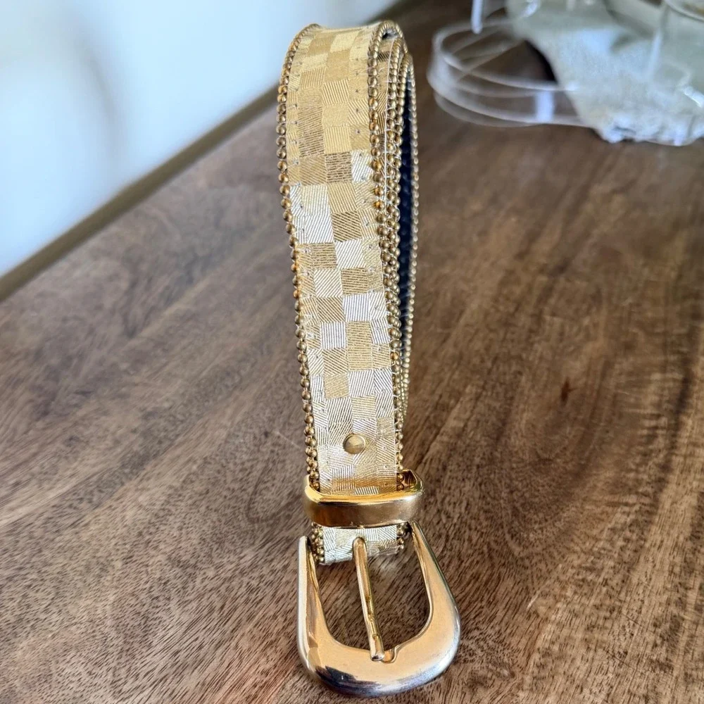 Elite Western Checkerboard Belt Womens XL Gold Metallic Ball Chain Trim GLAM